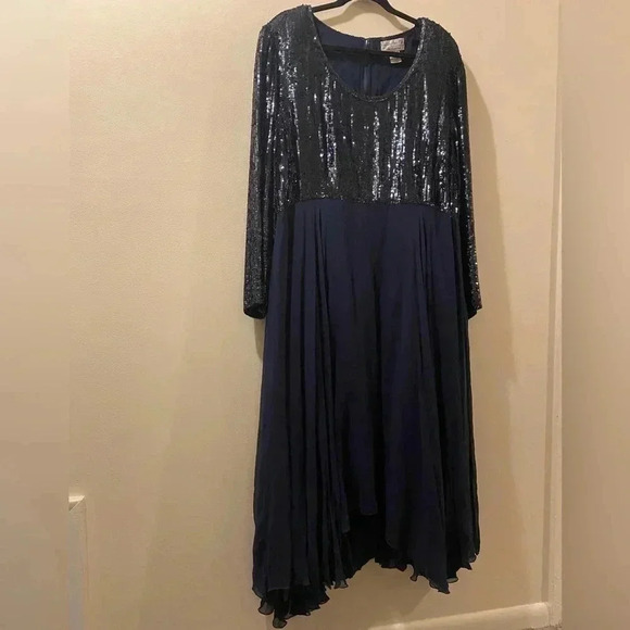 Vintage Judith AnnPlus - 100% pure silk beaded navy blue dress - size 3X (22/24) - Picture 1 of 13